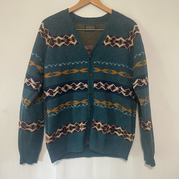 Pendleton Sweaters - Pendleton Teal and Multicolor Patterned Cardigan